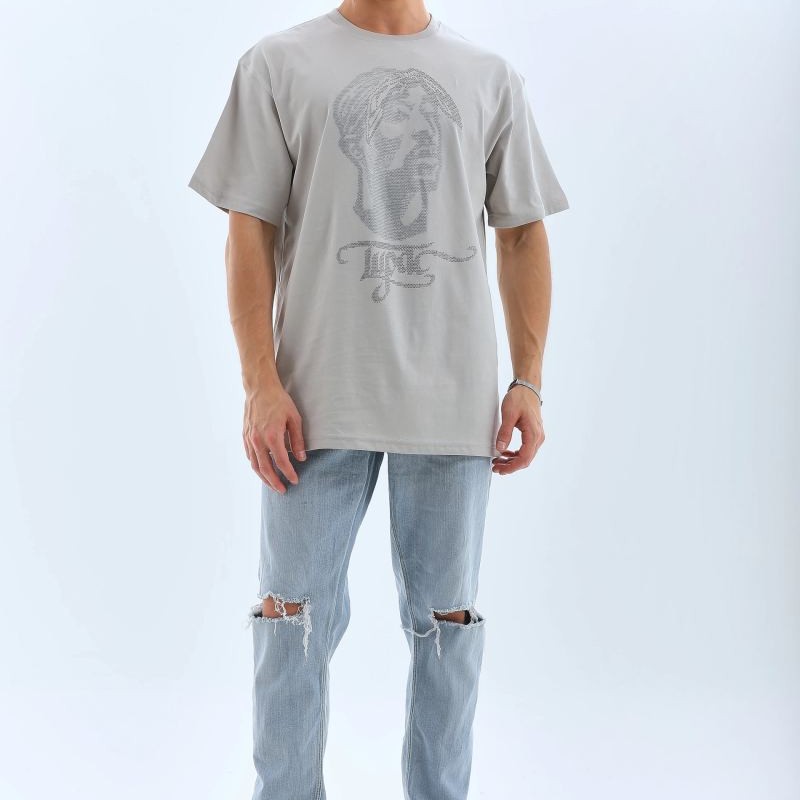 ERKEK Tişört TAŞ Detaylı Bisiklet Yaka  Kısa kol T-Shirt - Gri